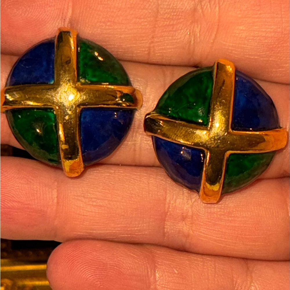 VTG Fabulous Blue and Green Marbled Enamel Goldtone Earrings - Picture 15 of 15